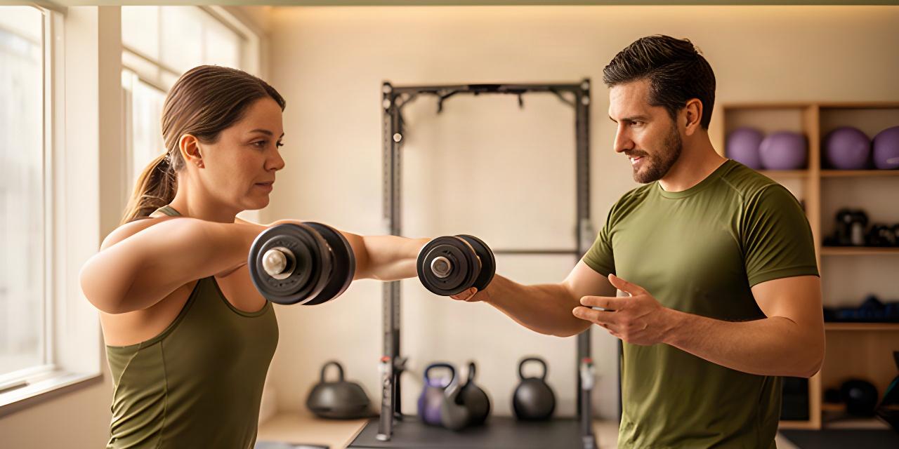 Coach guiding an adult through a dumbbell strength exercise in a private training space